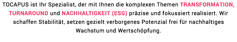 TOCAPUS ist Ihr Spezialist, der mit Ihnen die komplexen Themen TRANSFORMATION, TURNAROUND und NACHHALTIGKEIT (ESG) präzise und fokussiert realisiert. Wir schaffen Stabilität, setzen gezielt verborgenes Potenzial frei für nachhaltiges Wachstum und Wertschöpfung. 